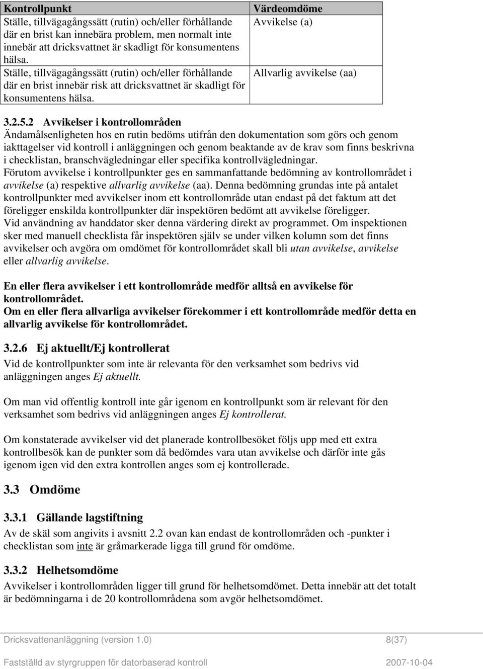 2 vvikelser i kontrollområden Ändamålsenligheten hos en rutin bedöms utifrån den dokumentation som görs och genom iakttagelser vid kontroll i anläggningen och genom beaktande av de krav som finns