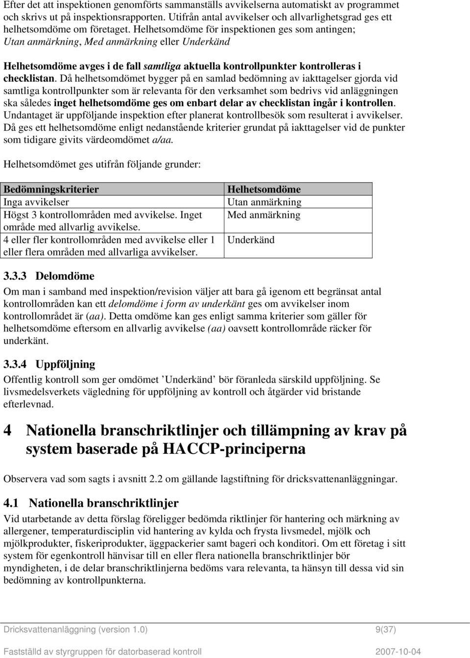 Helhetsomdöme för inspektionen ges som antingen; Utan anmärkning, Med anmärkning eller Underkänd Helhetsomdöme avges i de fall samtliga aktuella kontrollpunkter kontrolleras i checklistan.