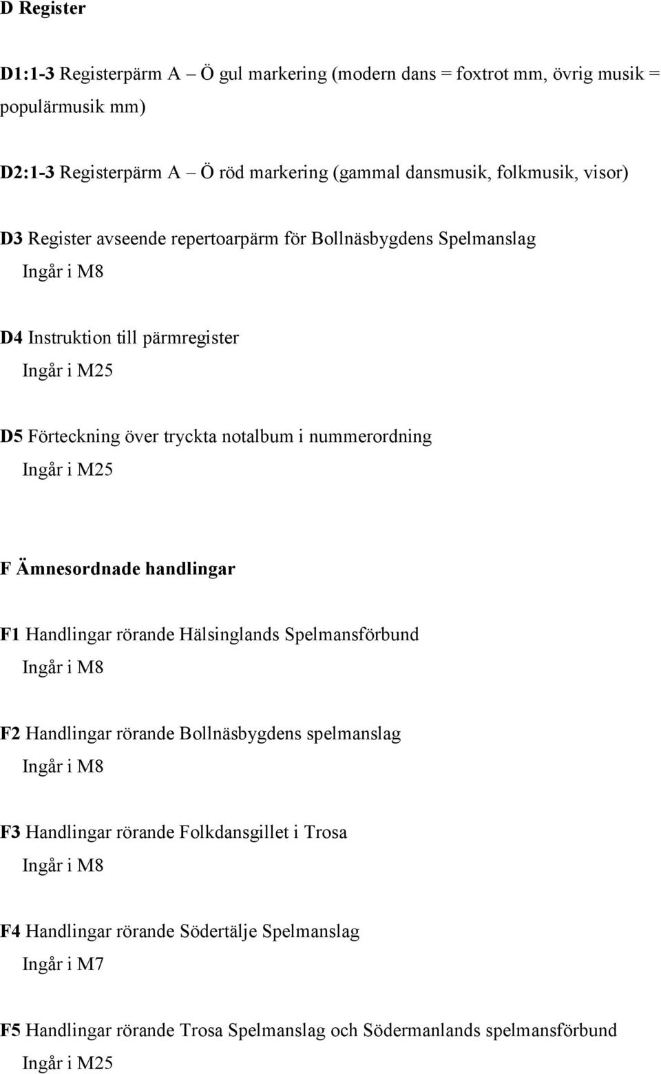 nummerordning Ingår i M25 F Ämnesordnade handlingar F1 Handlingar rörande Hälsinglands Spelmansförbund Ingår i M8 F2 Handlingar rörande Bollnäsbygdens spelmanslag Ingår i M8 F3