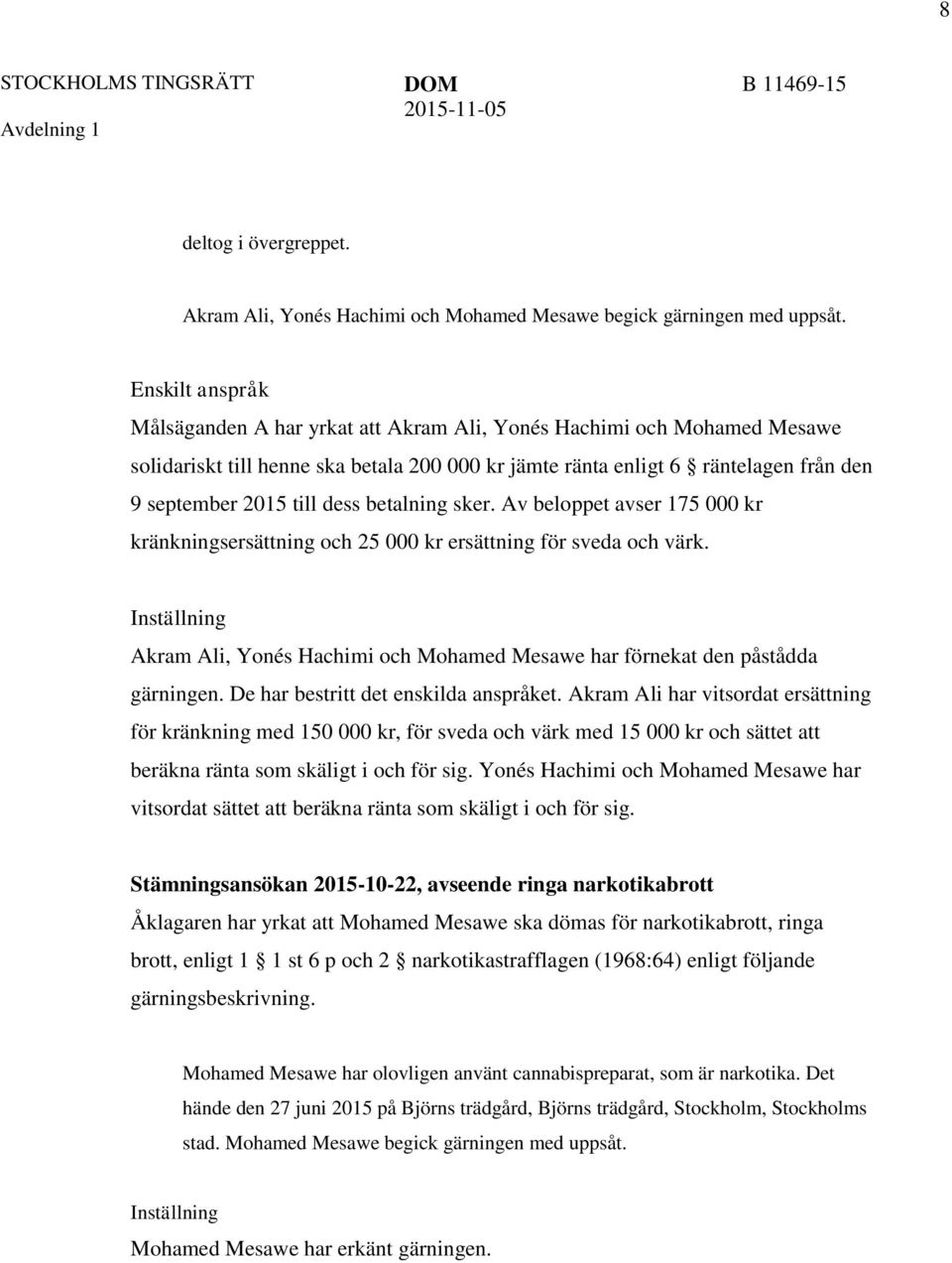 dess betalning sker. Av beloppet avser 175 000 kr kränkningsersättning och 25 000 kr ersättning för sveda och värk.