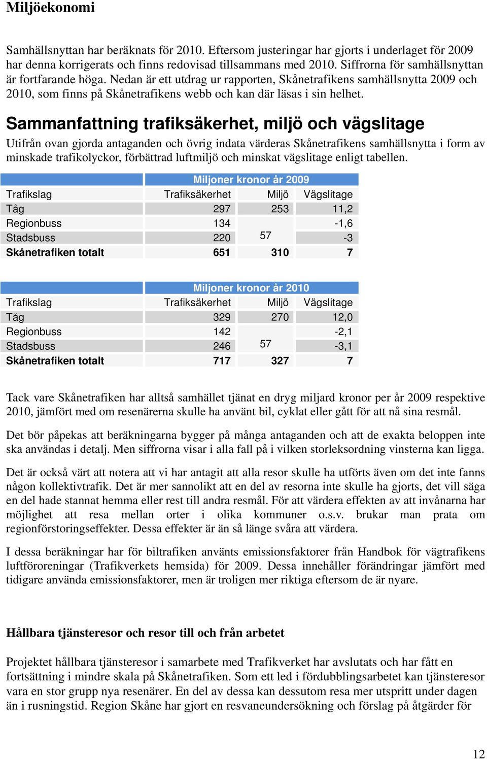 Sammanfattning trafiksäkerhet, miljö och vägslitage Utifrån ovan gjorda antaganden och övrig indata värderas Skånetrafikens samhällsnytta i form av minskade trafikolyckor, förbättrad luftmiljö och