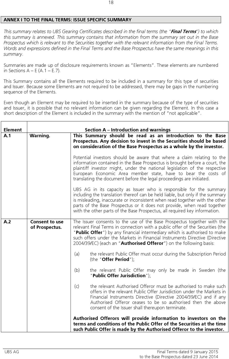 Words and expressions defined in the Final Terms and the Base Prospectus have the same meanings in this summary. Summaries are made up of disclosure requirements known as Elements.