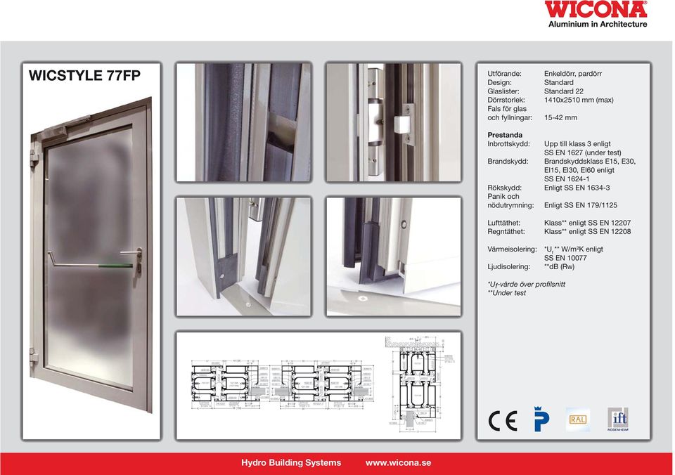 EN 1624-1 Rökskydd: Enligt SS EN 1634-3 Panik och nödutrymning: Enligt SS EN 179/1125 Lufttäthet: Klass** enligt SS EN 12207 Regntäthet: