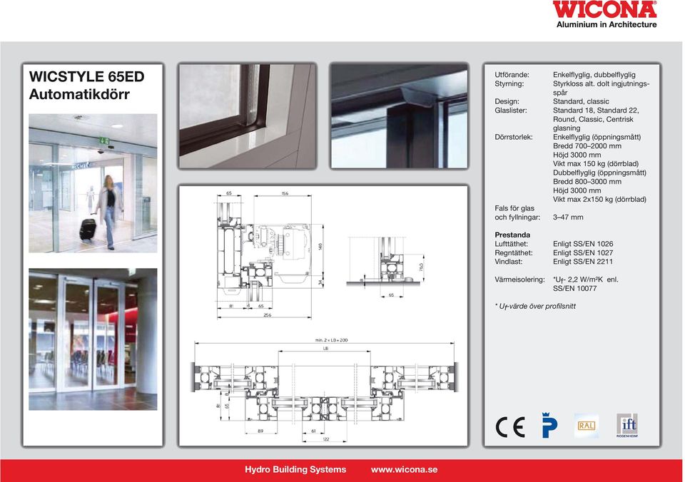 (öppningsmått) Bredd 700 2000 mm Höjd 3000 mm Vikt max 150 kg (dörrblad) Dubbelflyglig (öppningsmått) Bredd 800 3000 mm Höjd 3000 mm