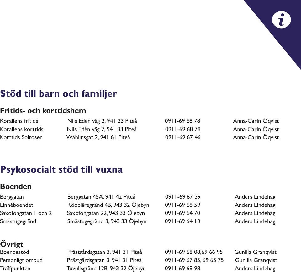 Linnéboendet Rödbläregränd 4B, 943 32 Öjebyn 0911-69 68 59 Anders Lindehag Saxofongatan 1 och 2 Saxofongatan 22, 943 33 Öjebyn 0911-69 64 70 Anders Lindehag Småstugegränd Småstugegränd 3, 943 33