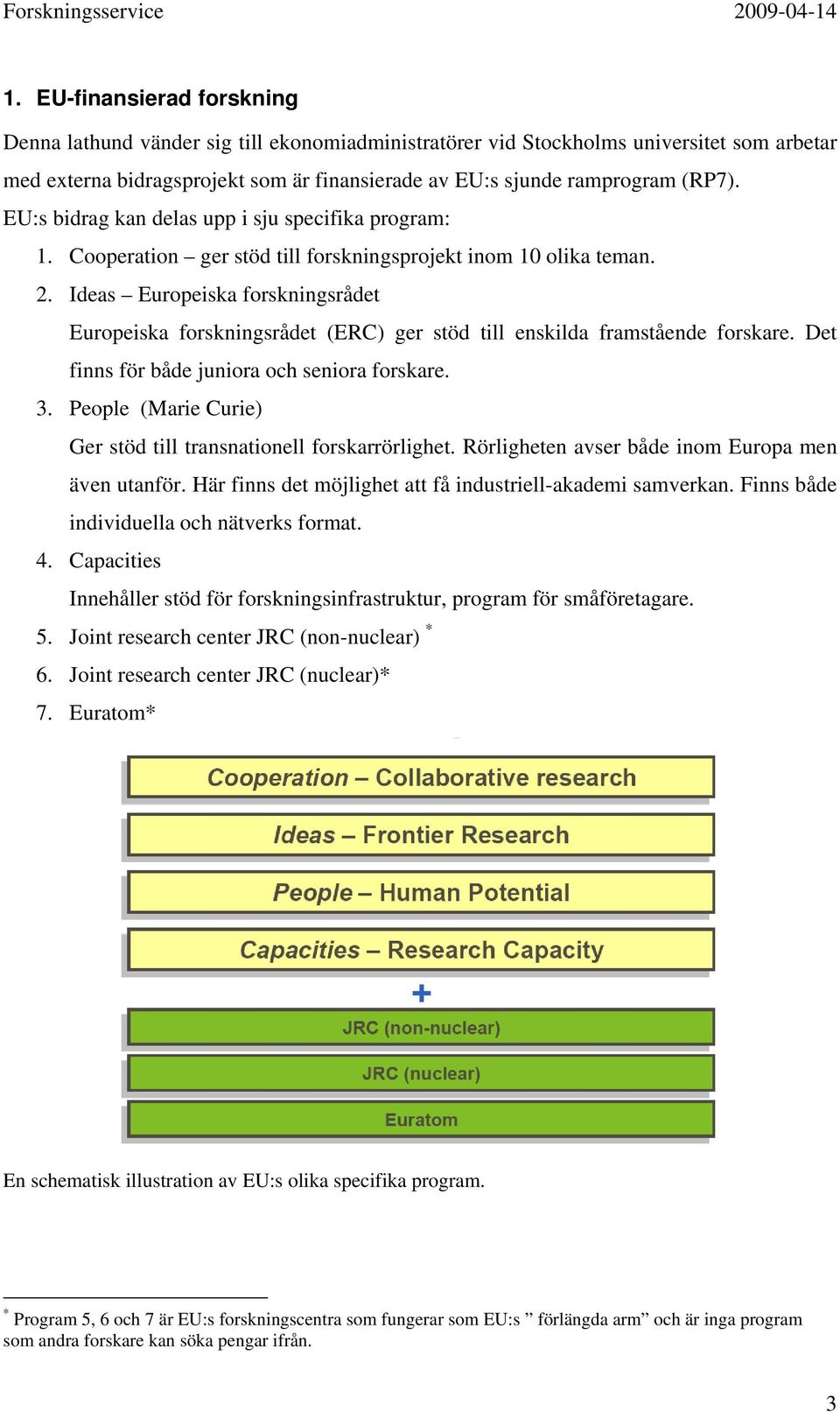 EU:s bidrag kan delas upp i sju specifika program: 1. Cooperation ger stöd till forskningsprojekt inom 10 olika teman. 2.