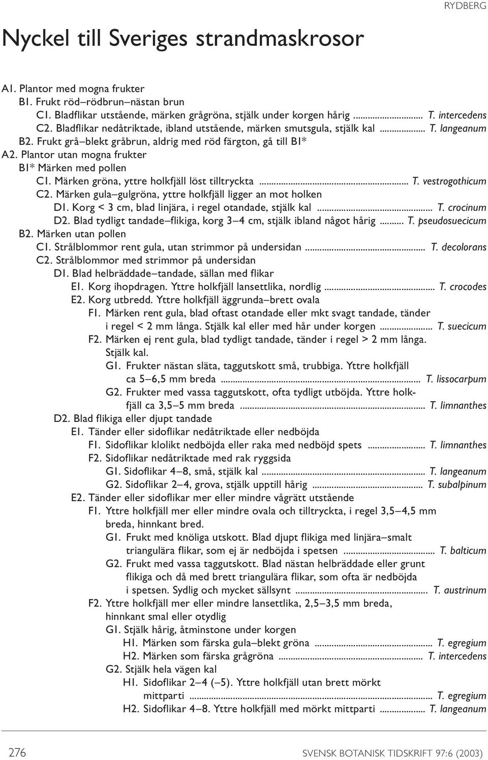 Plantor utan mogna frukter B1* Märken med pollen C1. Märken gröna, yttre holkfjäll löst tilltryckta... T. vestrogothicum C2. Märken gula gulgröna, yttre holkfjäll ligger an mot holken D1.