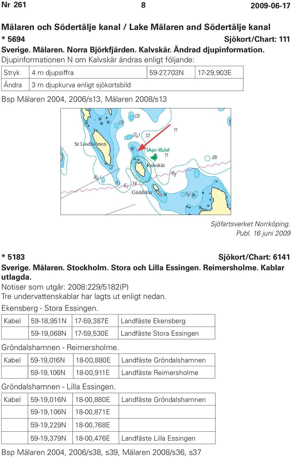 Norrköping. Publ. 16 juni 2009 * 5183 Sjökort/Chart: 6141 Sverige. Mälaren. Stockholm. Stora och Lilla Essingen. Reimersholme. Kablar utlagda.