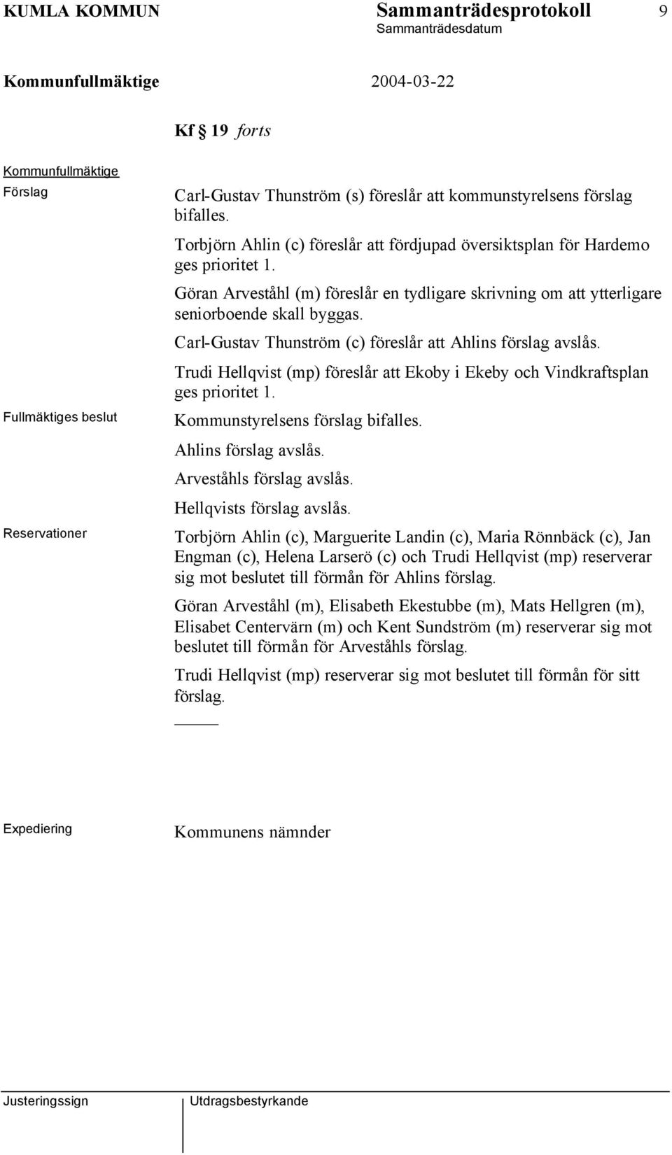 Carl-Gustav Thunström (c) föreslår att Ahlins förslag avslås. Trudi Hellqvist (mp) föreslår att Ekoby i Ekeby och Vindkraftsplan ges prioritet 1. Kommunstyrelsens förslag bifalles.