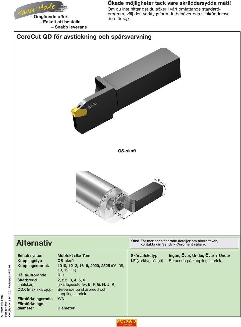 QS-skaft Alternativ Obs! För mer specificerade detaljer om alternativen, kontakta din Sandvik Coromant säljare.