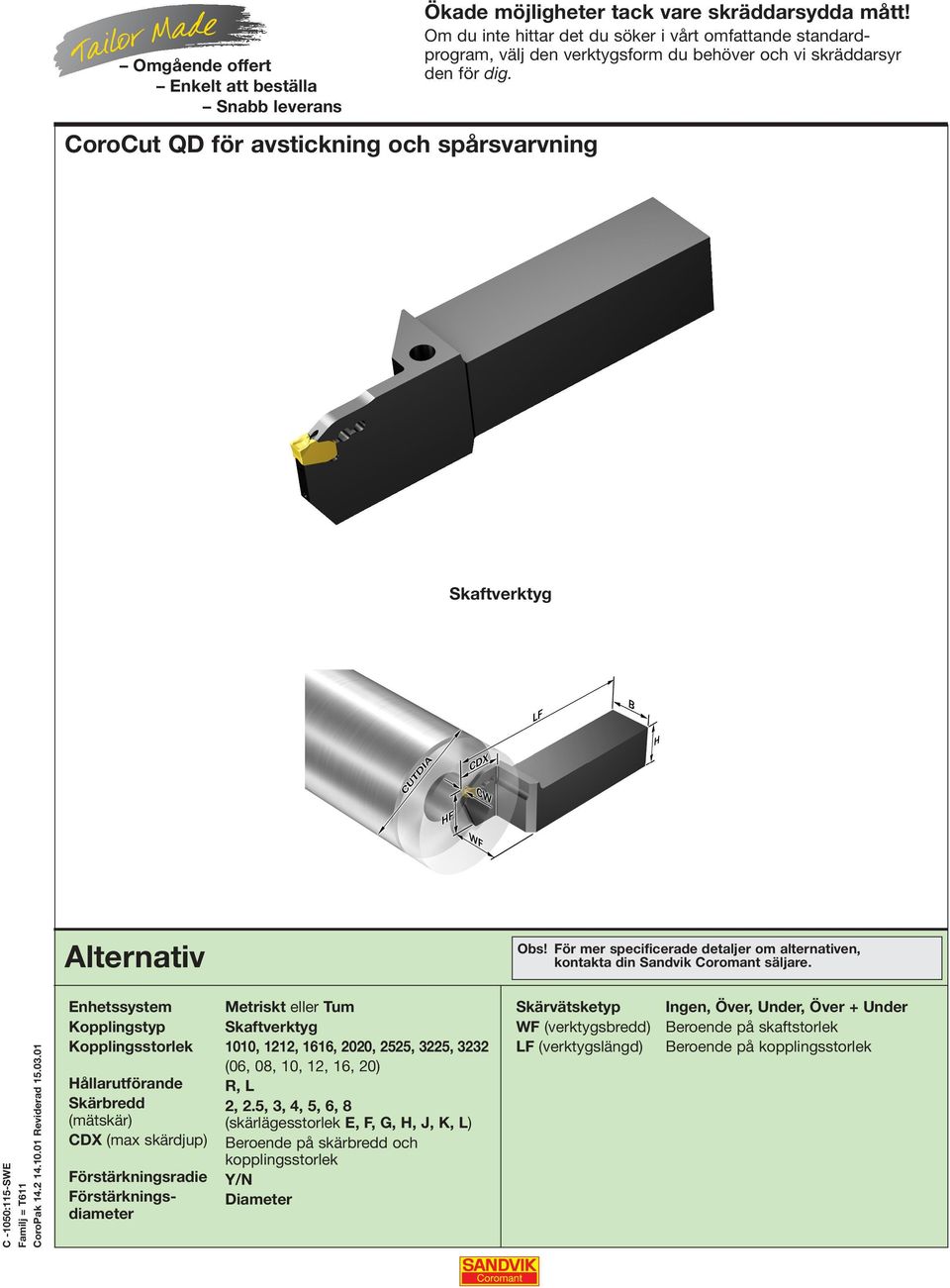 För mer specificerade detaljer om alternativen, kontakta din Sandvik Coromant säljare.