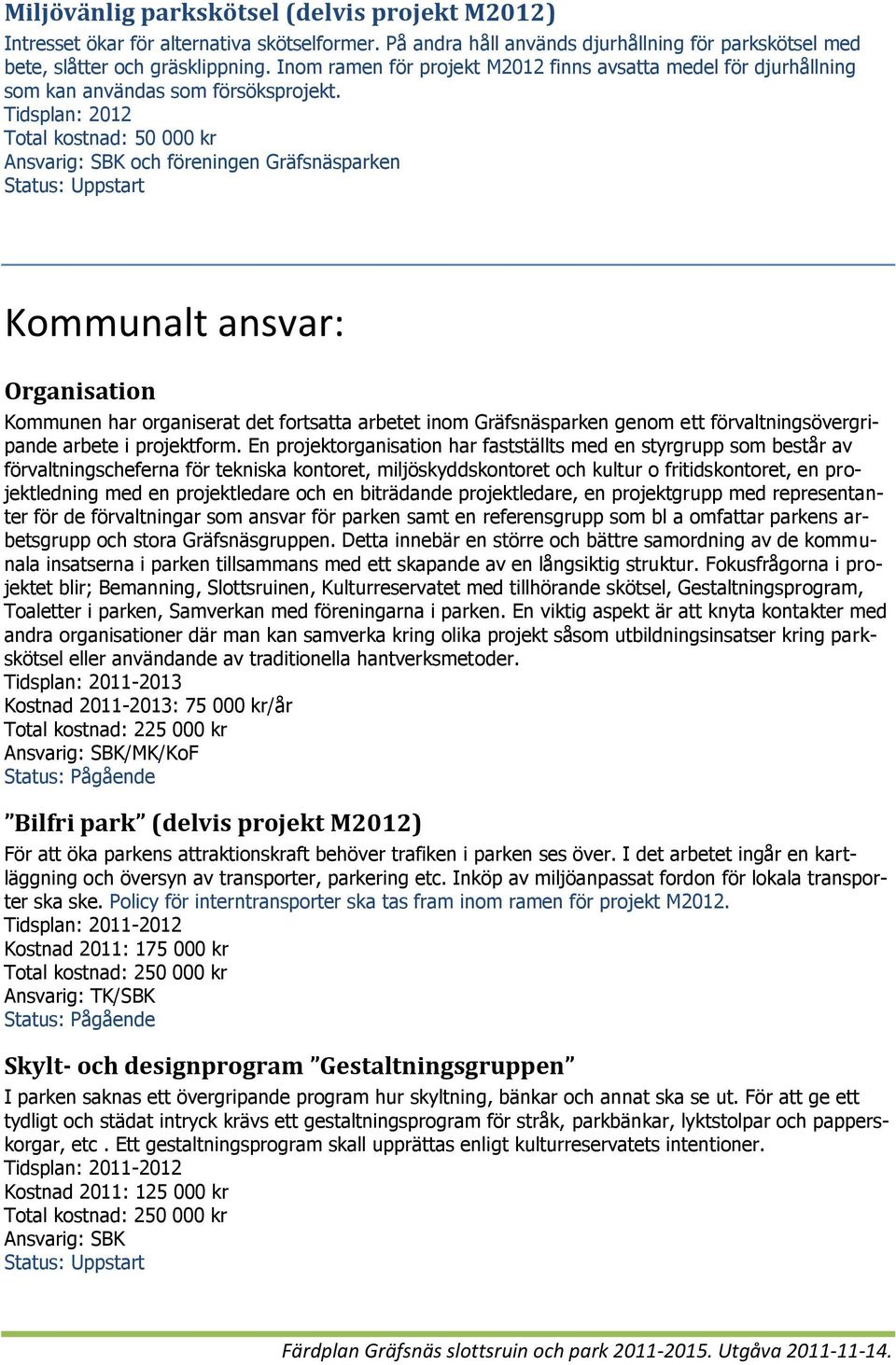 Total kostnad: 50 000 kr och föreningen Gräfsnäsparken Kommunalt ansvar: Organisation Kommunen har organiserat det fortsatta arbetet inom Gräfsnäsparken genom ett förvaltningsövergripande arbete i