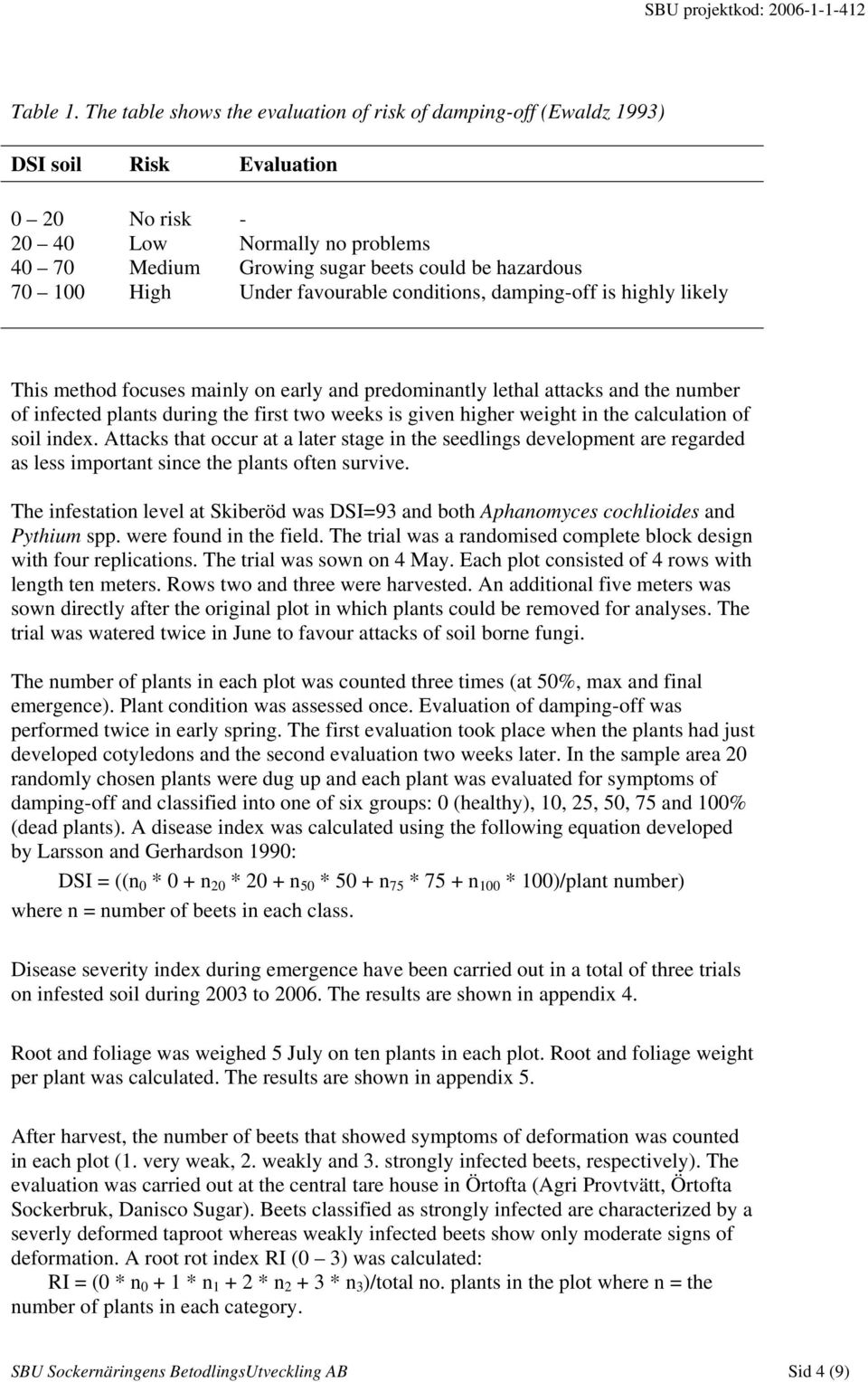 hazardous Under favourable conditions, damping-off is highly likely This method focuses mainly on early and predominantly lethal attacks and the number of infected plants during the first two weeks