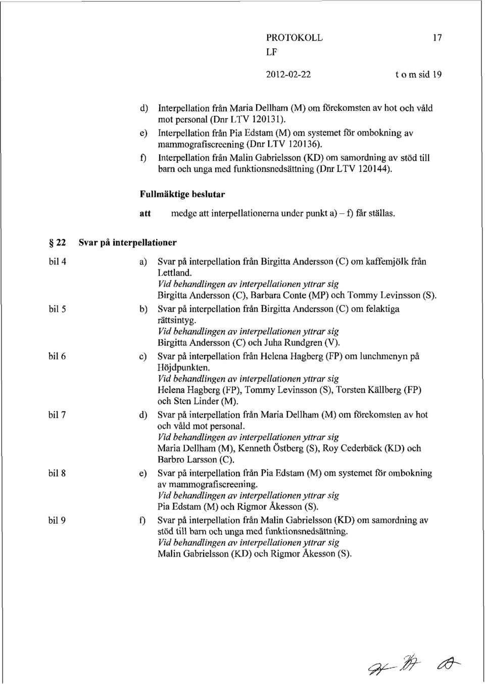 f) Interpellation från Malin Gabrielsson (KD) om samordning av stöd till barn och unga med funktionsnedsättning (Dnr LTV 120144).