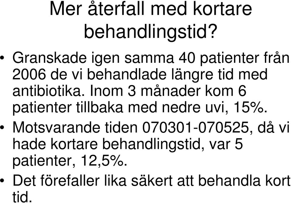 antibiotika. Inom 3 månader kom 6 patienter tillbaka med nedre uvi, 15%.