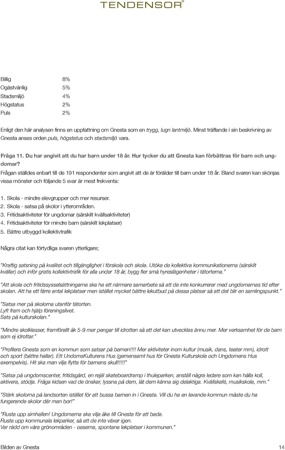 Hur tycker du att Gnesta kan förbättras för barn och ungdomar? Frågan ställdes enbart till de 191 respondenter som angivit att de är förälder till barn under 18 år.