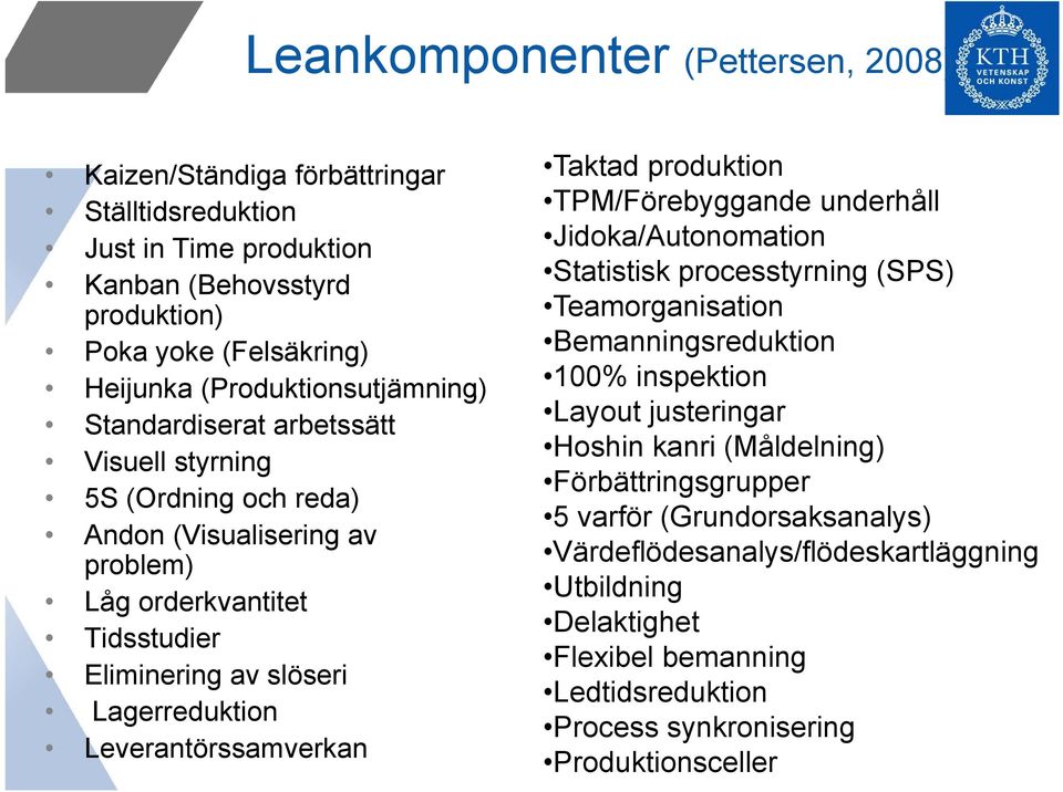 justeringar Hoshin kanri (Måldelning) Visuell styrning Förbättringsgrupper g 5S (Ordning och reda) 5 varför (Grundorsaksanalys) Andon (Visualisering av problem)