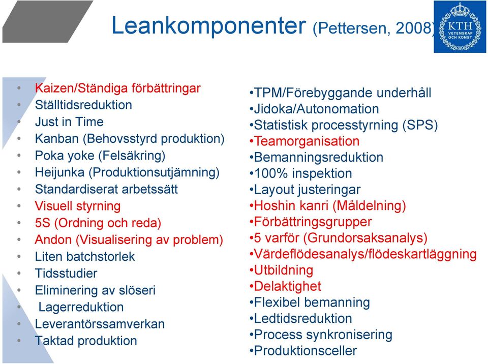 styrning Hoshin kanri (Måldelning) 5S (Ordning och reda) Förbättringsgrupper g Andon (Visualisering av problem) 5 varför (Grundorsaksanalys) Liten batchstorlek