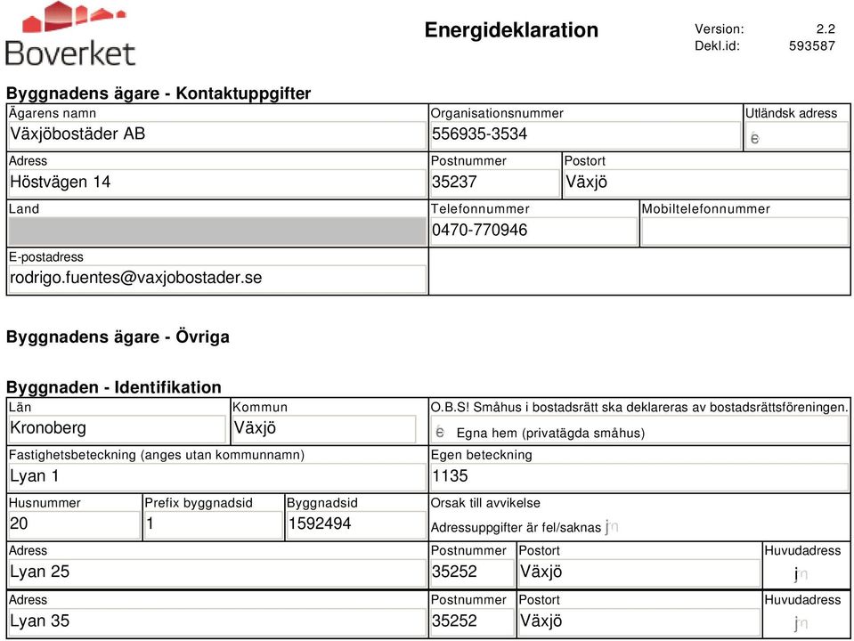 Kronoberg Kommun Fastighetsbeteckning (anges utan kommunnamn) Lyan 1 O.B.S! Småhus i bostadsrätt ska deklareras av bostadsrättsföreningen.