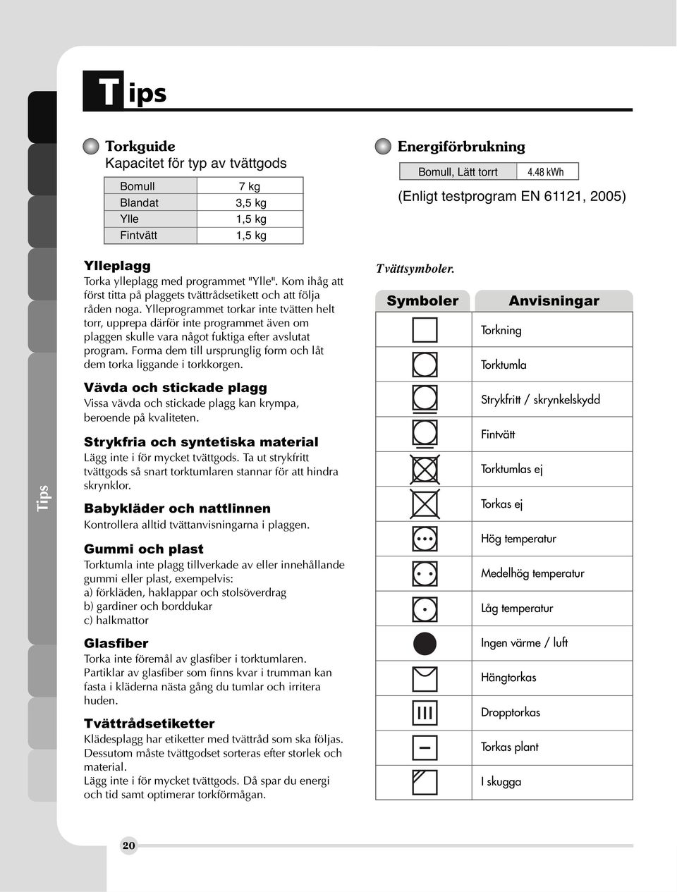 Ylleprogrammet torkar inte tvätten helt torr, upprepa därför inte programmet även om plaggen skulle vara något fuktiga efter avslutat program.