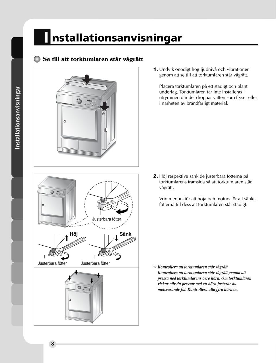 Torktumlaren får inte installeras i utrymmen där det droppar vatten som fryser eller i närheten av brandfarligt material. 2.