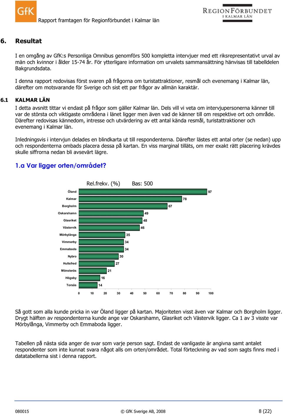 I denna rapport redovisas först svaren på frågorna om turistattraktioner, resmål och evenemang i Kalmar län, därefter om motsvarande för Sverige och sist ett par frågor av allmän karaktär. 6.