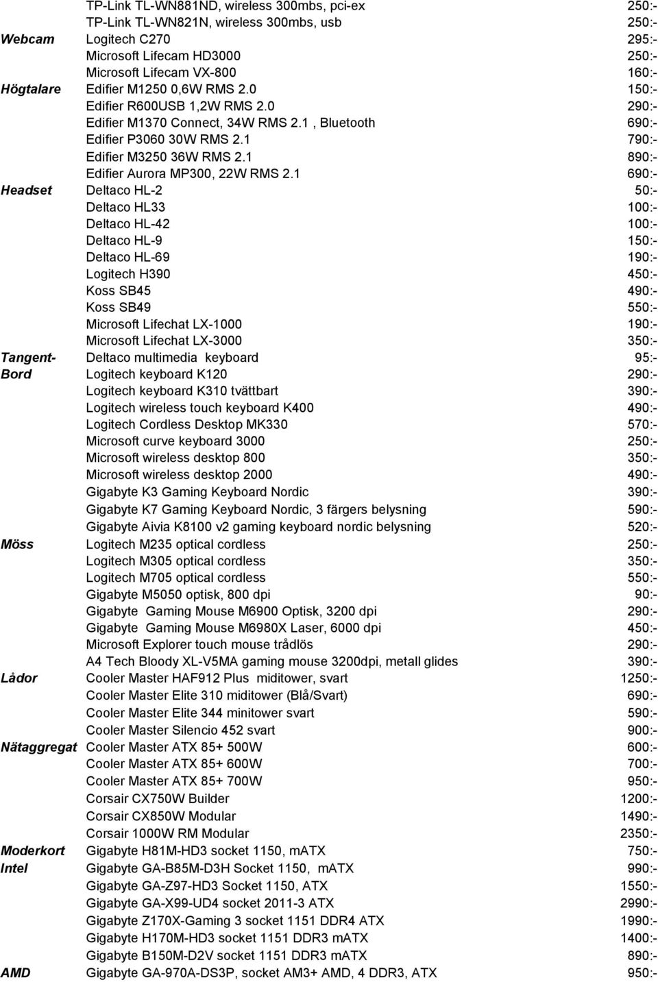 1 Deltaco HL-2 50:- Deltaco HL33 Deltaco HL-42 Deltaco HL-9 Deltaco HL-69 1 Logitech H390 Koss SB45 Koss SB49 Microsoft Lifechat LX-1000 Microsoft Lifechat LX-3000 4 550:- 1 Tangent- Deltaco