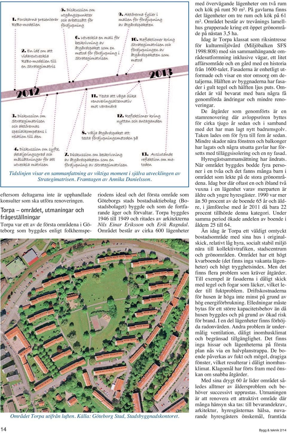 Torpa området, utmaningar och frågeställningar Torpa var ett av de första områdena i Göteborg som byggdes enligt folkhemsperiodens ideal och det första område som Göteborgs stads bostadsaktiebolag