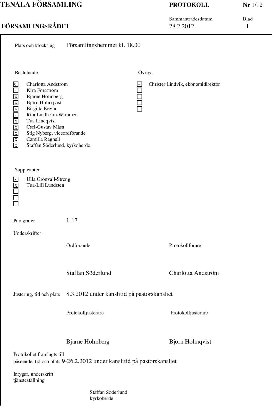 Carl-Gustav Måsa x Stig Nyberg, viceordförande x Camilla Ragnell x Staffan Söderlund, kyrkoherde Suppleanter - Ulla Grönvall-Streng x Tua-Lill Lundsten Paragrafer 1-17 Underskrifter Ordförande