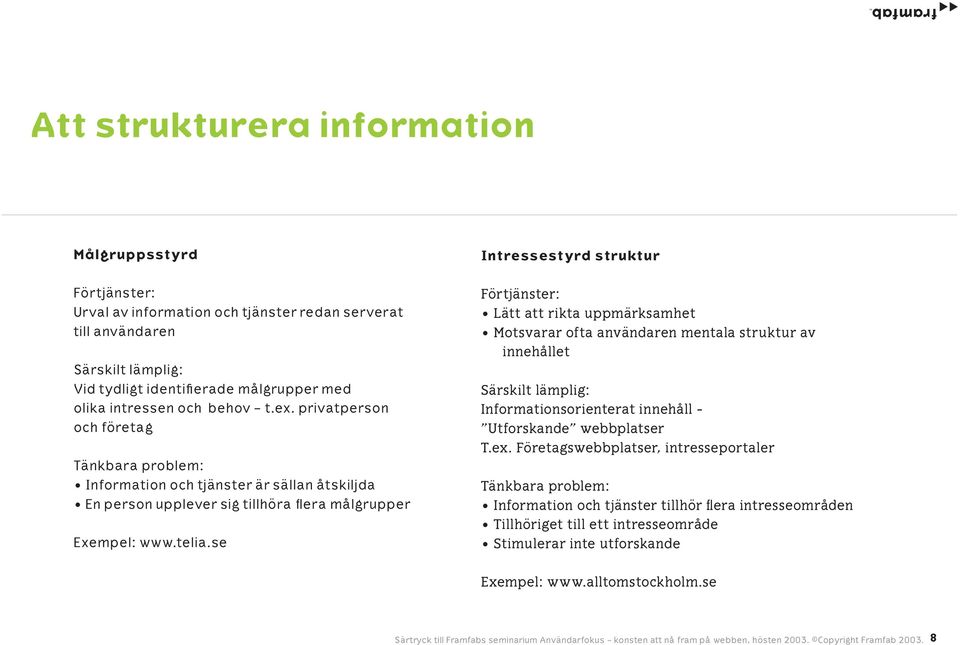 privatperson och företag Tänkbara problem: Information och tjänster är sällan åtskiljda En person upplever sig tillhöra flera målgrupper Exempel: www.telia.