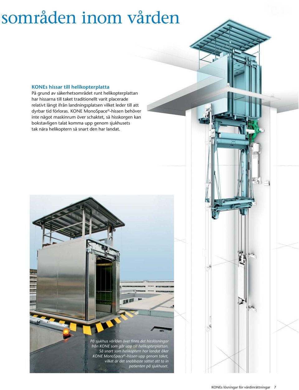 KONE MonoSpace -hissen behöver inte något maskinrum över schaktet, så hisskorgen kan bokstavligen talat komma upp genom sjukhusets tak nära helikoptern så snart den har