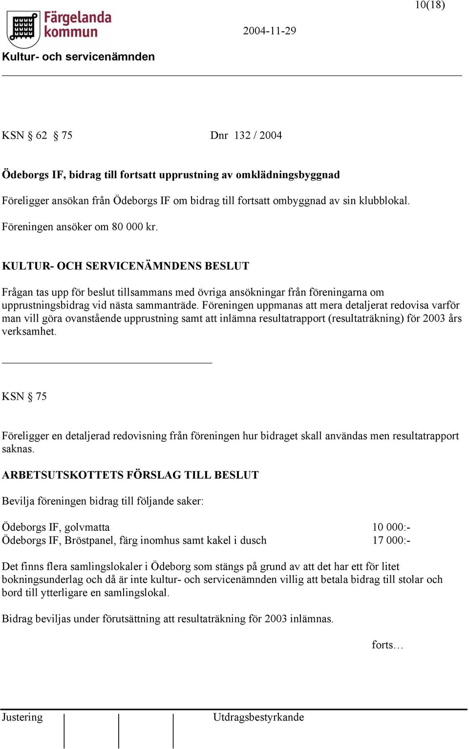 Föreningen uppmanas att mera detaljerat redovisa varför man vill göra ovanstående upprustning samt att inlämna resultatrapport (resultaträkning) för 2003 års verksamhet.