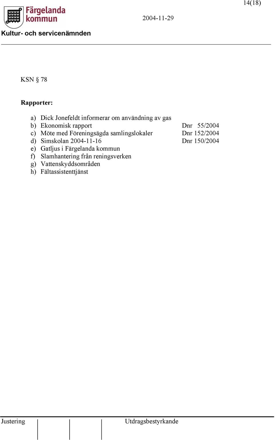 152/2004 d) Simskolan 2004-11-16 Dnr 150/2004 e) Gatljus i Färgelanda kommun