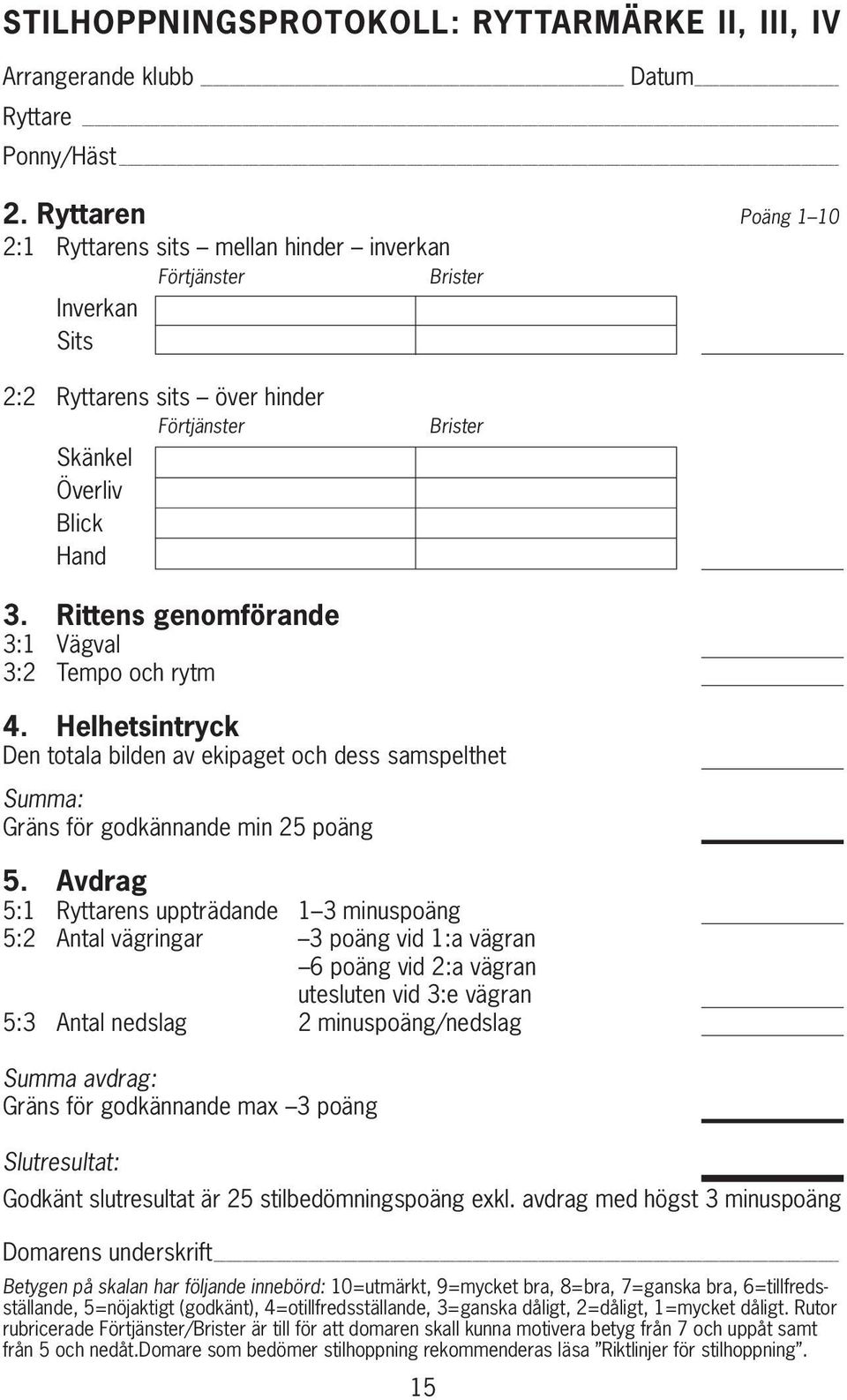 Rittens genomförande 3:1 Vägval 3:2 Tempo och rytm 4. Helhetsintryck Den totala bilden av ekipaget och dess samspelthet Summa: Gräns för godkännande min 25 poäng 5.