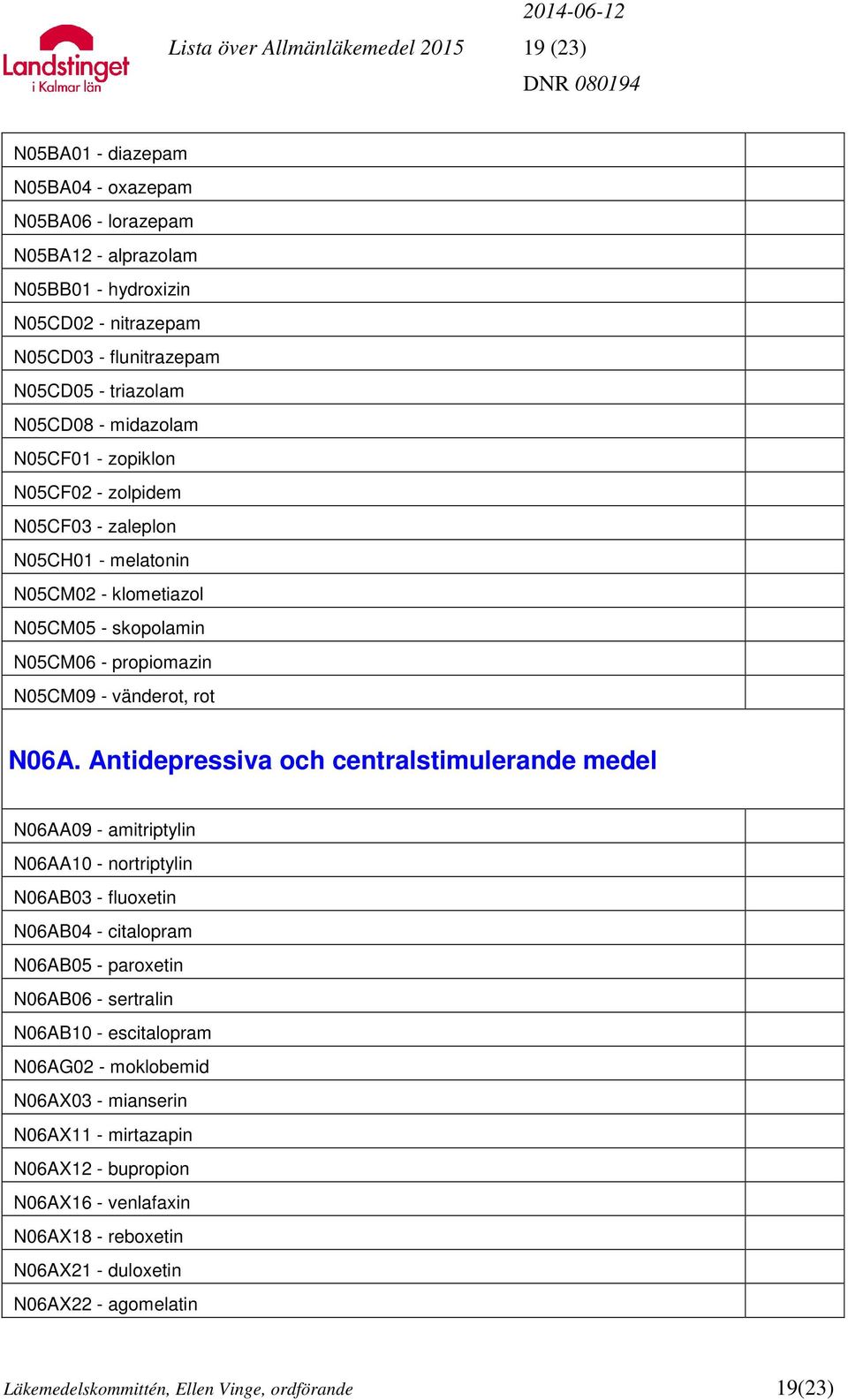N06A. Antidepressiva och centralstimulerande medel N06AA09 - amitriptylin N06AA10 - nortriptylin N06AB03 - fluoxetin N06AB04 - citalopram N06AB05 - paroxetin N06AB06 - sertralin N06AB10 -