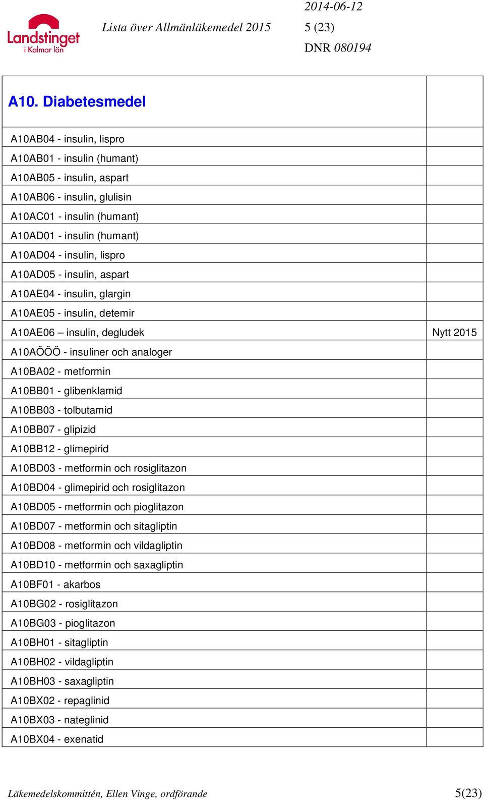 lispro A10AD05 - insulin, aspart A10AE04 - insulin, glargin A10AE05 - insulin, detemir A10AE06 insulin, degludek Nytt 2015 A10AÖÖÖ - insuliner och analoger A10BA02 - metformin A10BB01 - glibenklamid