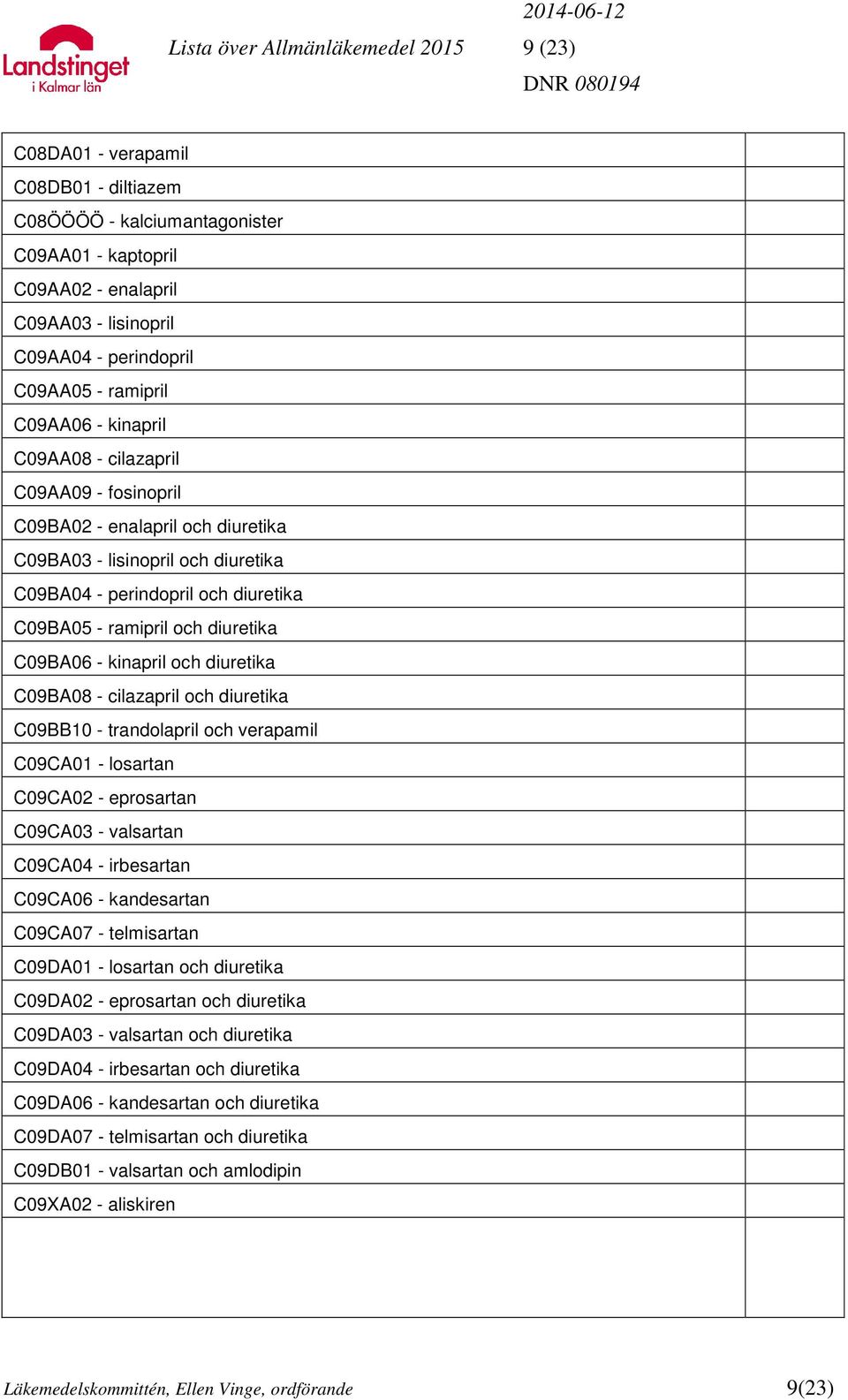 diuretika C09BA06 - kinapril och diuretika C09BA08 - cilazapril och diuretika C09BB10 - trandolapril och verapamil C09CA01 - losartan C09CA02 - eprosartan C09CA03 - valsartan C09CA04 - irbesartan