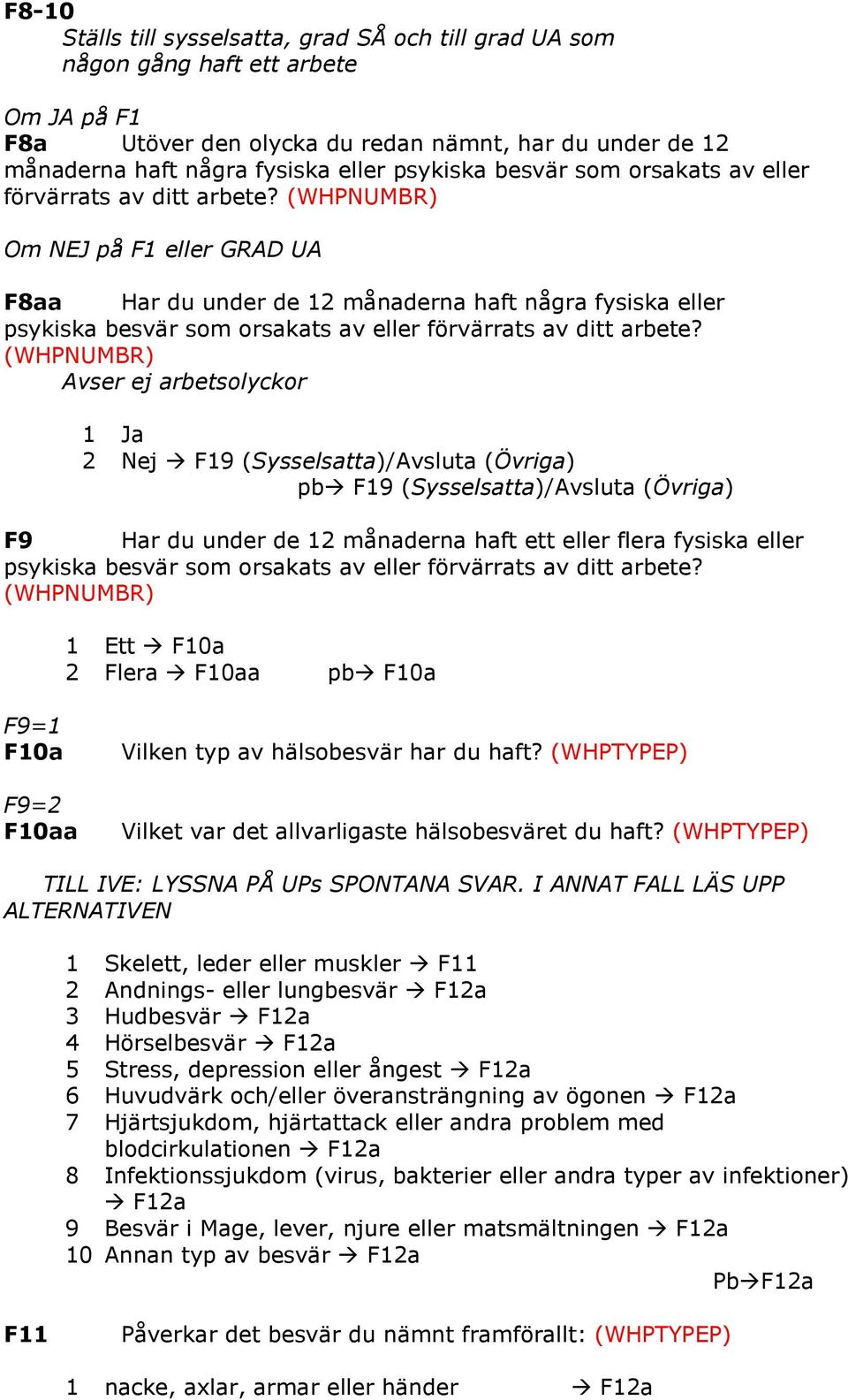 (WHPNUMBR) Om NEJ på F1 eller GRAD UA F8aa Har du under de 12 månaderna haft några fysiska eller psykiska  (WHPNUMBR) Avser ej arbetsolyckor 1 Ja 2 Nej F19 (Sysselsatta)/Avsluta (Övriga) pb F19