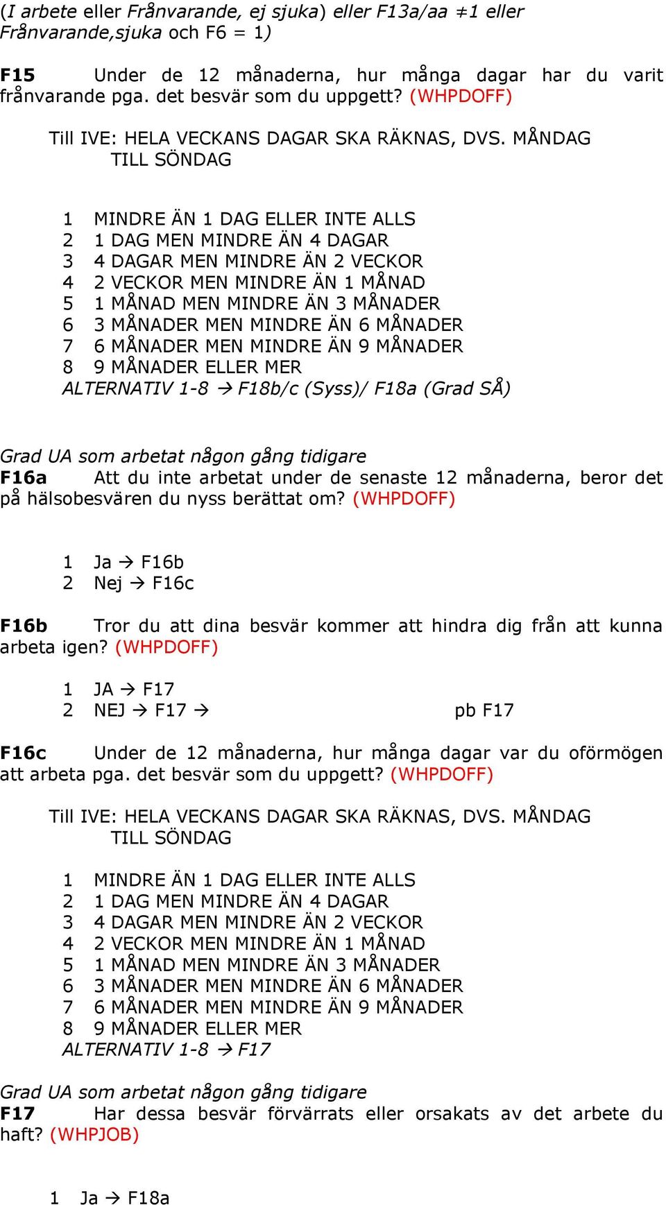 MÅNDAG TILL SÖNDAG 1 MINDRE ÄN 1 DAG ELLER INTE ALLS 2 1 DAG MEN MINDRE ÄN 4 DAGAR 3 4 DAGAR MEN MINDRE ÄN 2 VECKOR 4 2 VECKOR MEN MINDRE ÄN 1 MÅNAD 5 1 MÅNAD MEN MINDRE ÄN 3 MÅNADER 6 3 MÅNADER MEN