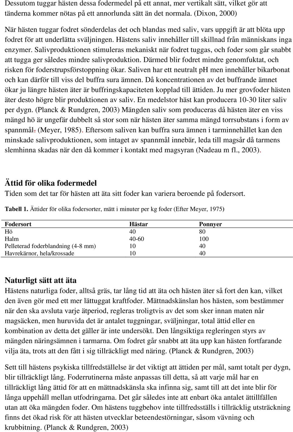 Hästens saliv innehåller till skillnad från människans inga enzymer. Salivproduktionen stimuleras mekaniskt när fodret tuggas, och foder som går snabbt att tugga ger således mindre salivproduktion.