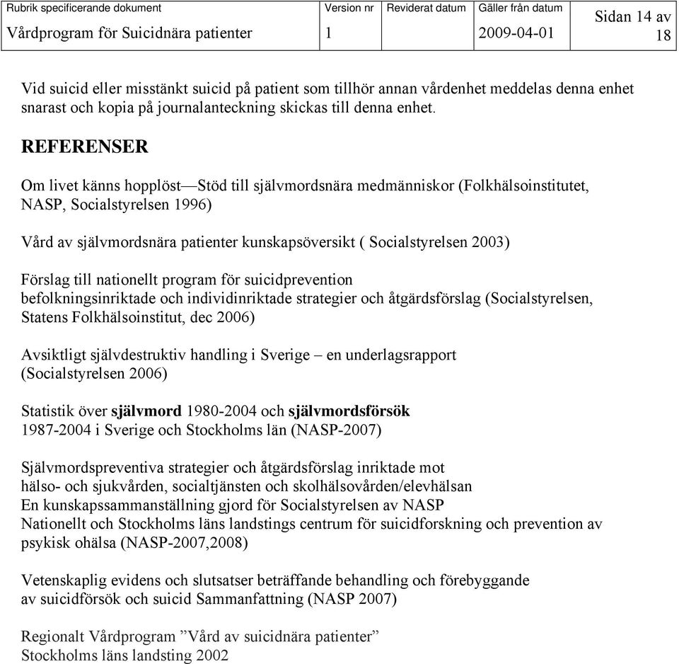 Förslag till nationellt program för suicidprevention befolkningsinriktade och individinriktade strategier och åtgärdsförslag (Socialstyrelsen, Statens Folkhälsoinstitut, dec 2006) Avsiktligt