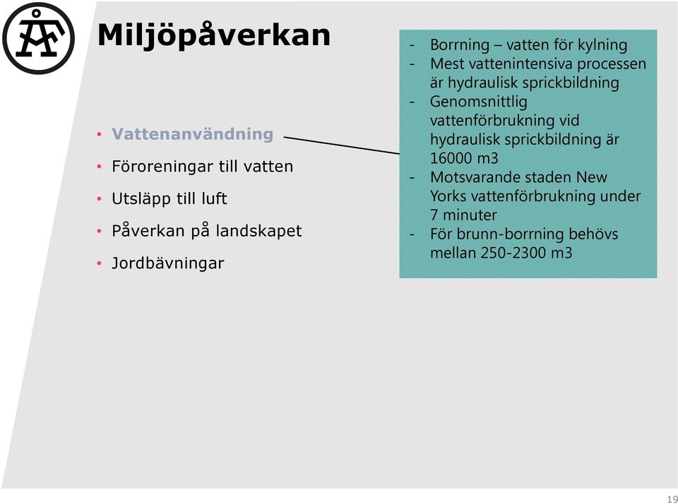 sprickbildning - Genomsnittlig vattenförbrukning vid hydraulisk sprickbildning är 16000 m3 -