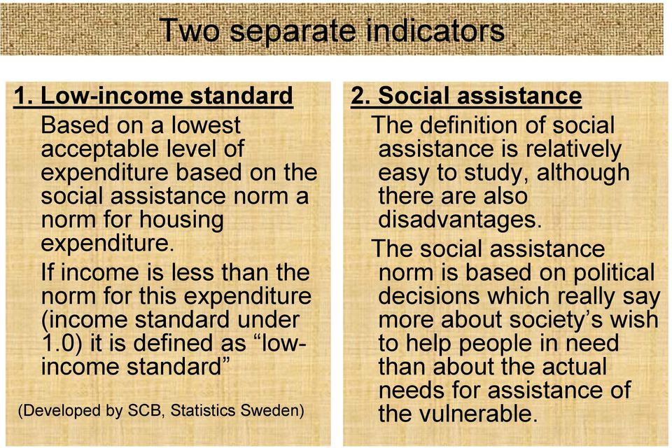 If income is less than the norm for this expenditure (income standard under 1.0) it is defined as lowincome standard (Developed by SCB, Statistics Sweden) 2.