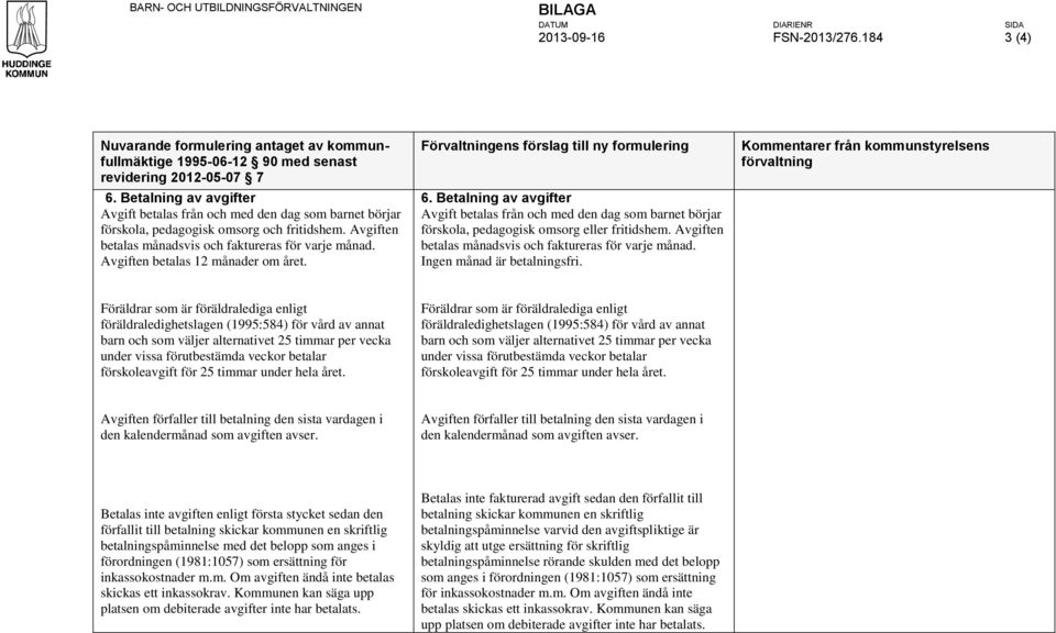 Avgiften betalas 12 månader om året. Förvaltningens förslag till ny formulering 6.