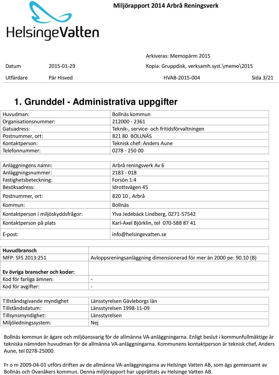 Teknisk chef: Anders Aune Telefonnummer: 0278-250 00 Anläggningens namn: Arbrå reningsverk Av 6 Anläggningsnummer: 2183-018 Fastighetsbeteckning: Forsön 1:4 Besöksadress: Idrottsvägen 45 Postnummer,