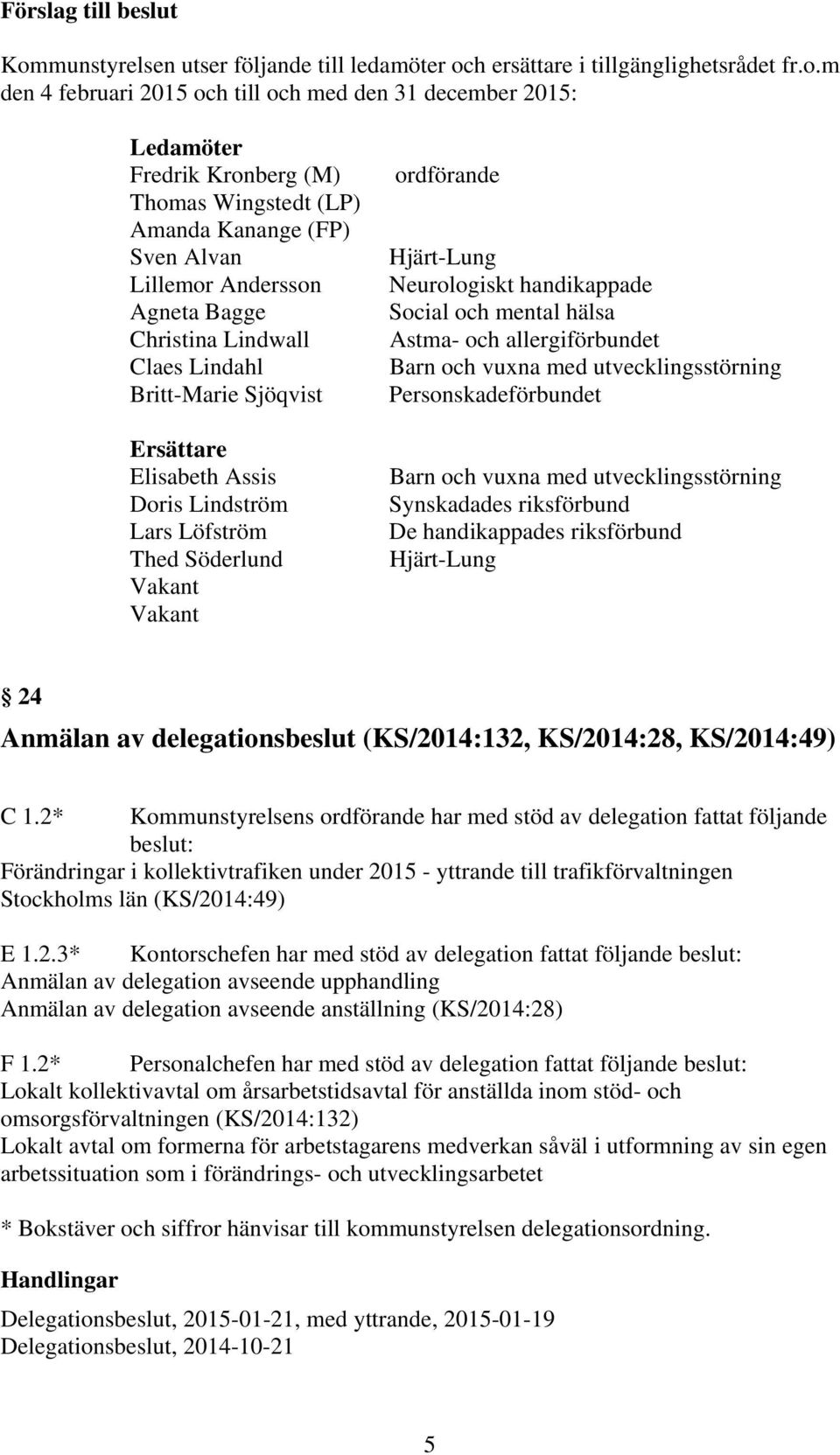 Vakant ordförande Hjärt-Lung Neurologiskt handikappade Social och mental hälsa Astma- och allergiförbundet Barn och vuxna med utvecklingsstörning Personskadeförbundet Barn och vuxna med