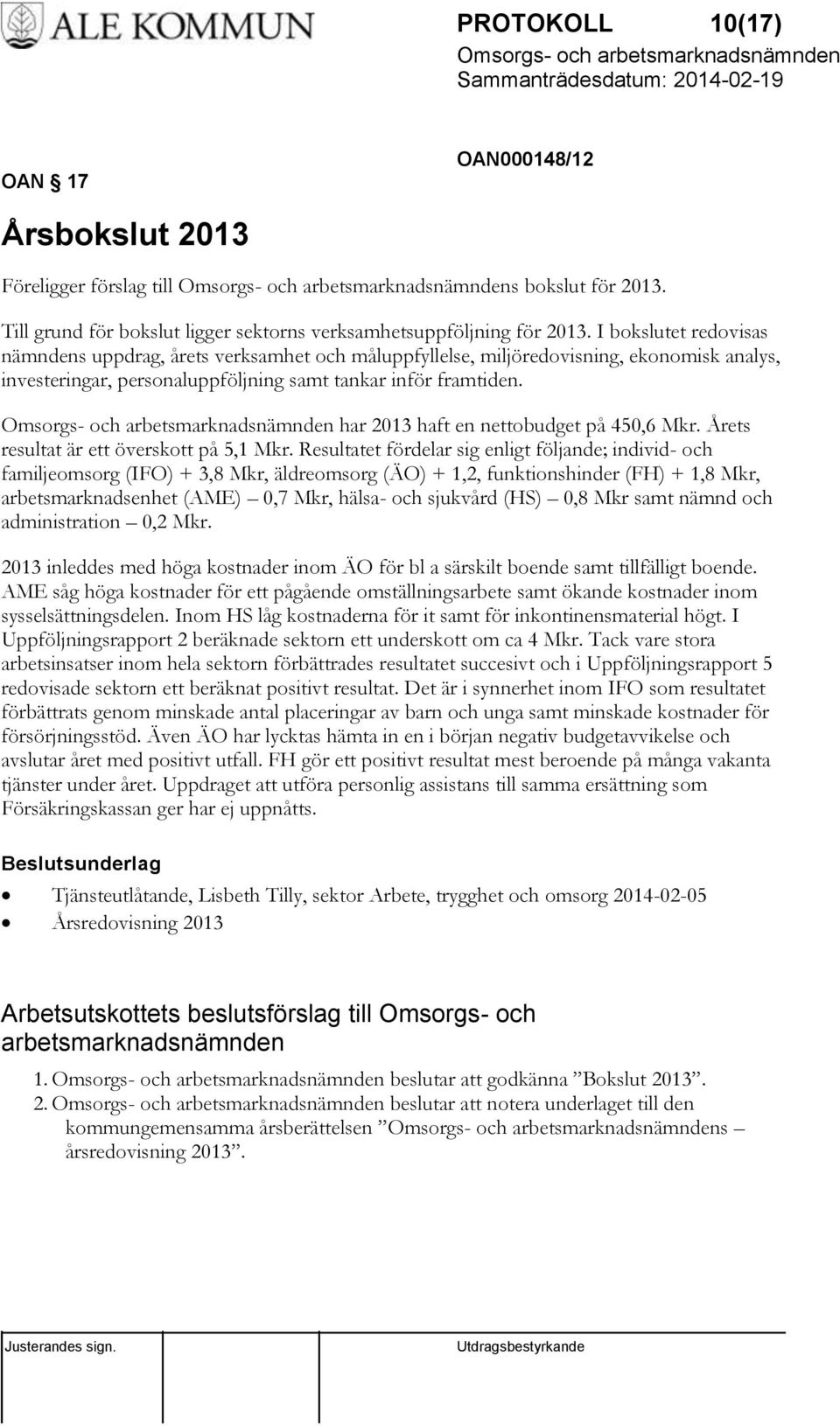 har 2013 haft en nettobudget på 450,6 Mkr. Årets resultat är ett överskott på 5,1 Mkr.