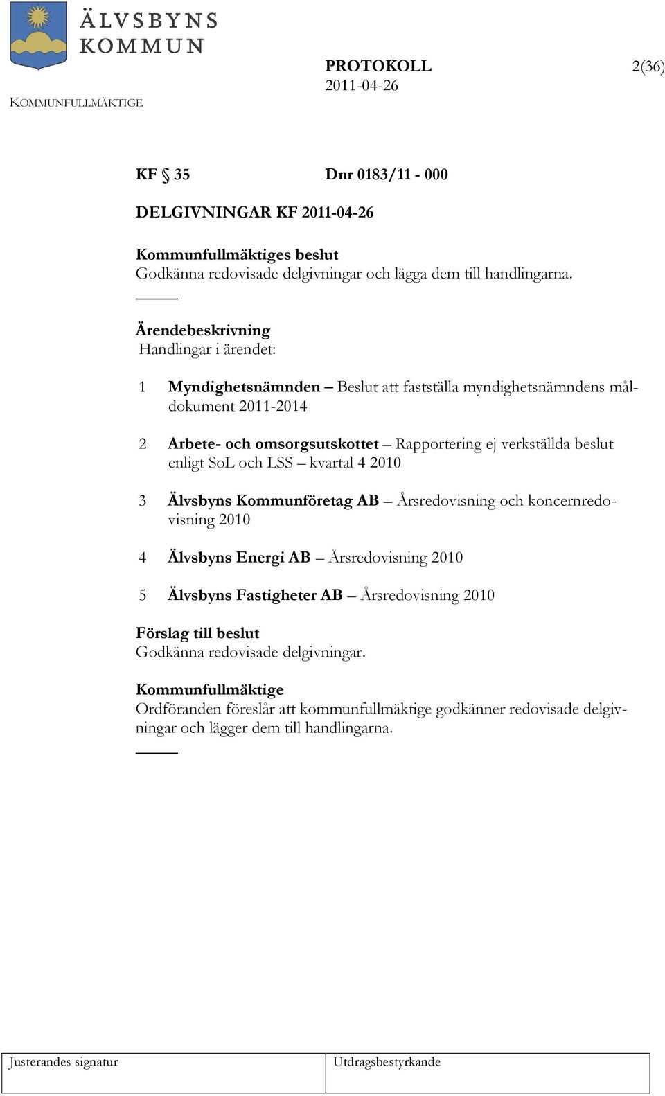 beslut enligt SoL och LSS kvartal 4 2010 3 Älvsbyns Kommunföretag AB Årsredovisning och koncernredovisning 2010 4 Älvsbyns Energi AB Årsredovisning 2010 5 Älvsbyns