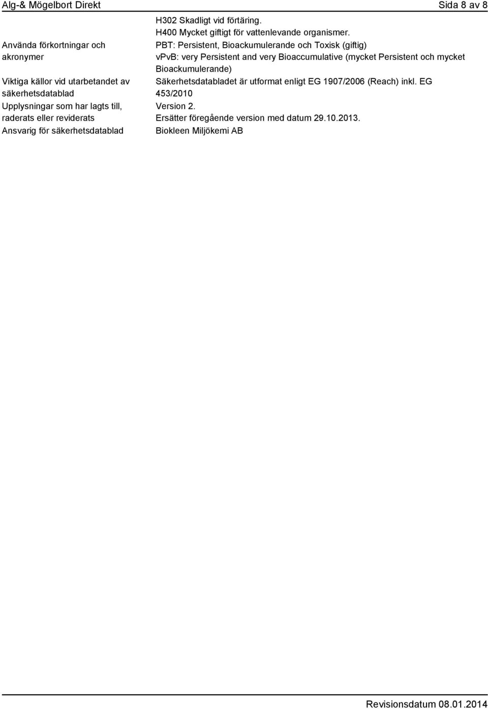 PBT: Persistent, Bioackumulerande och Toxisk (giftig) vpvb: very Persistent and very Bioaccumulative (mycket Persistent och mycket Bioackumulerande)