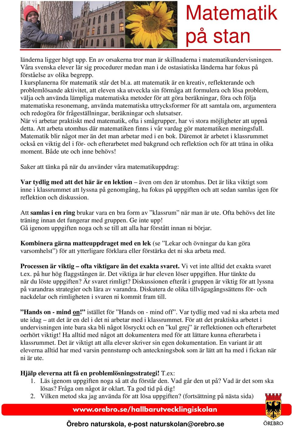 reflekterande och problemlösande aktivitet, att eleven ska utveckla sin förmåga att formulera och lösa problem, välja och använda lämpliga matematiska metoder för att göra beräkningar, föra och följa